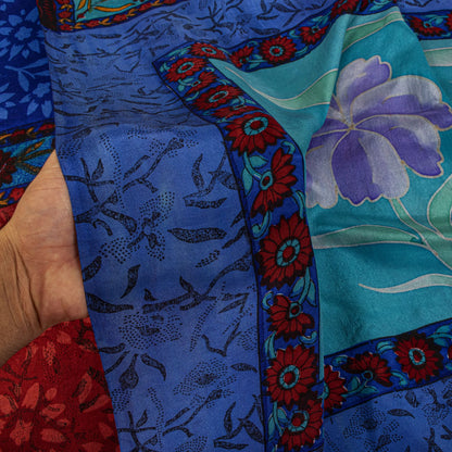 Sanskriti Vintage Saree Blue-Brown Pure Crepe Floral Print Sari 5.5+Yard Fabric