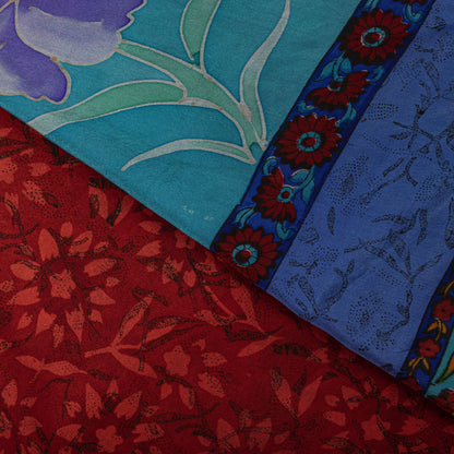 Sanskriti Vintage Saree Blue-Brown Pure Crepe Floral Print Sari 5.5+Yard Fabric