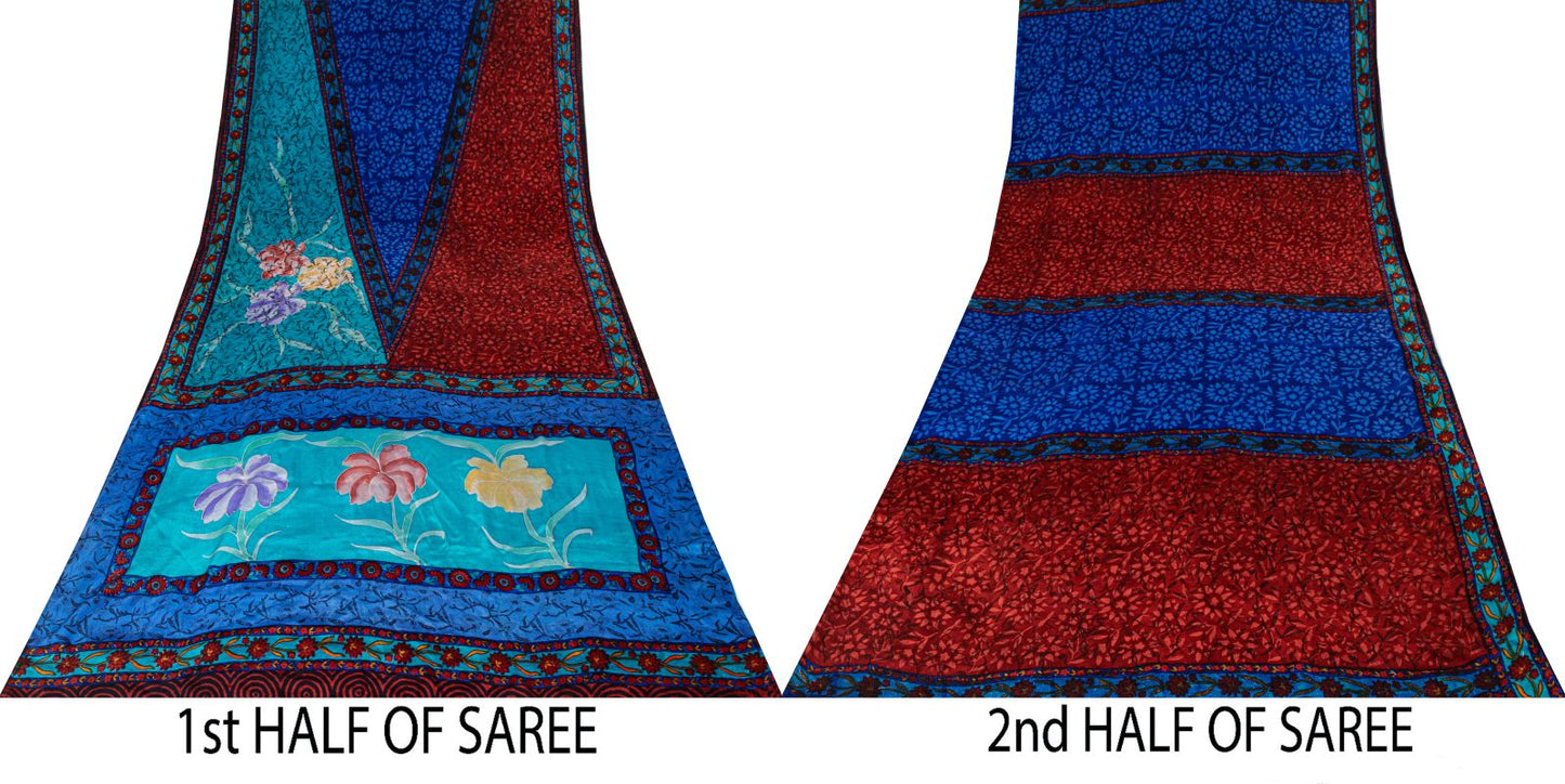 Sanskriti Vintage Saree Blue-Brown Pure Crepe Floral Print Sari 5.5+Yard Fabric