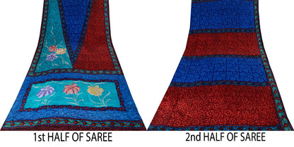 Sanskriti Vintage Saree Blue-Brown Pure Crepe Floral Print Sari 5.5+Yard Fabric