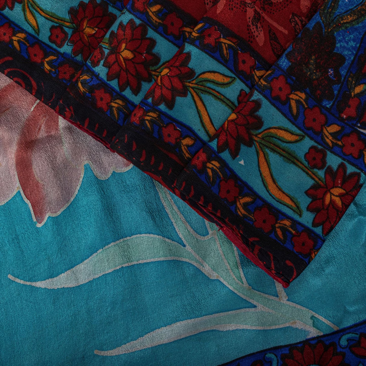 Sanskriti Vintage Saree Blue-Brown Pure Crepe Floral Print Sari 5.5+Yard Fabric