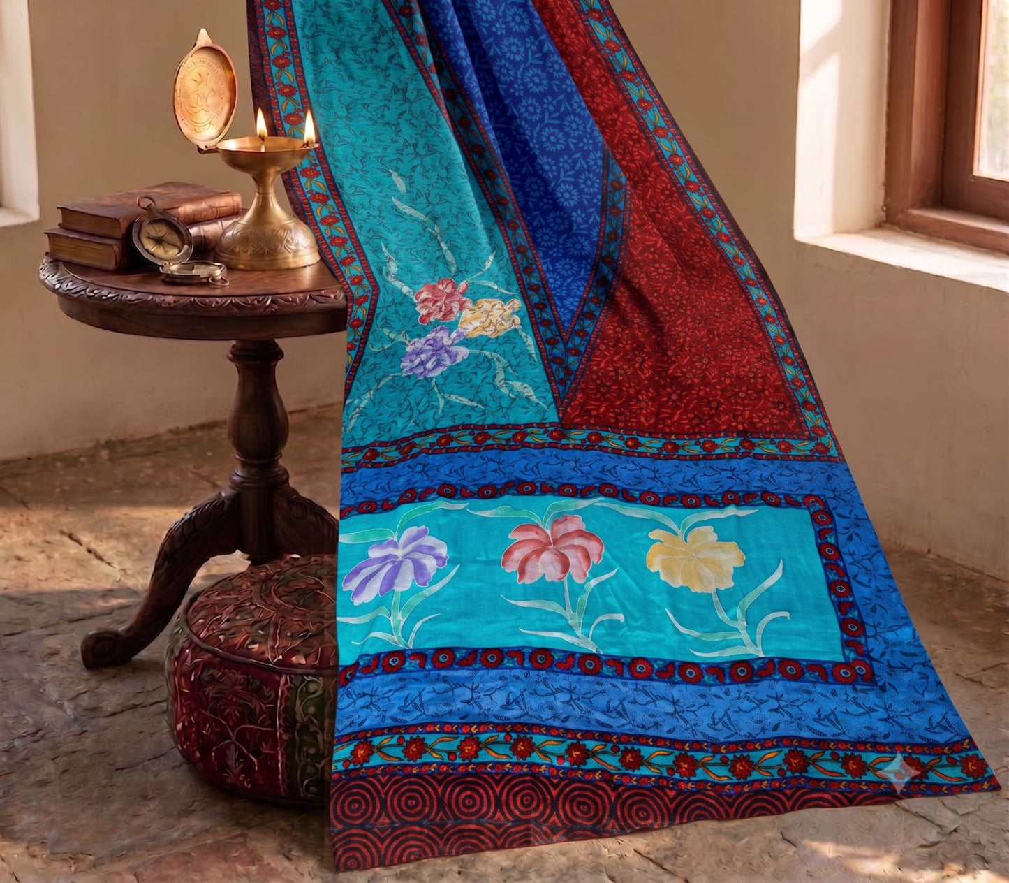 Sanskriti Vintage Saree Blue-Brown Pure Crepe Floral Print Sari 5.5+Yard Fabric
