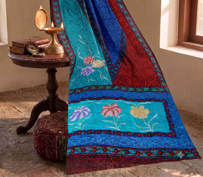 Sanskriti Vintage Saree Blue-Brown Pure Crepe Floral Print Sari 5.5+Yard Fabric