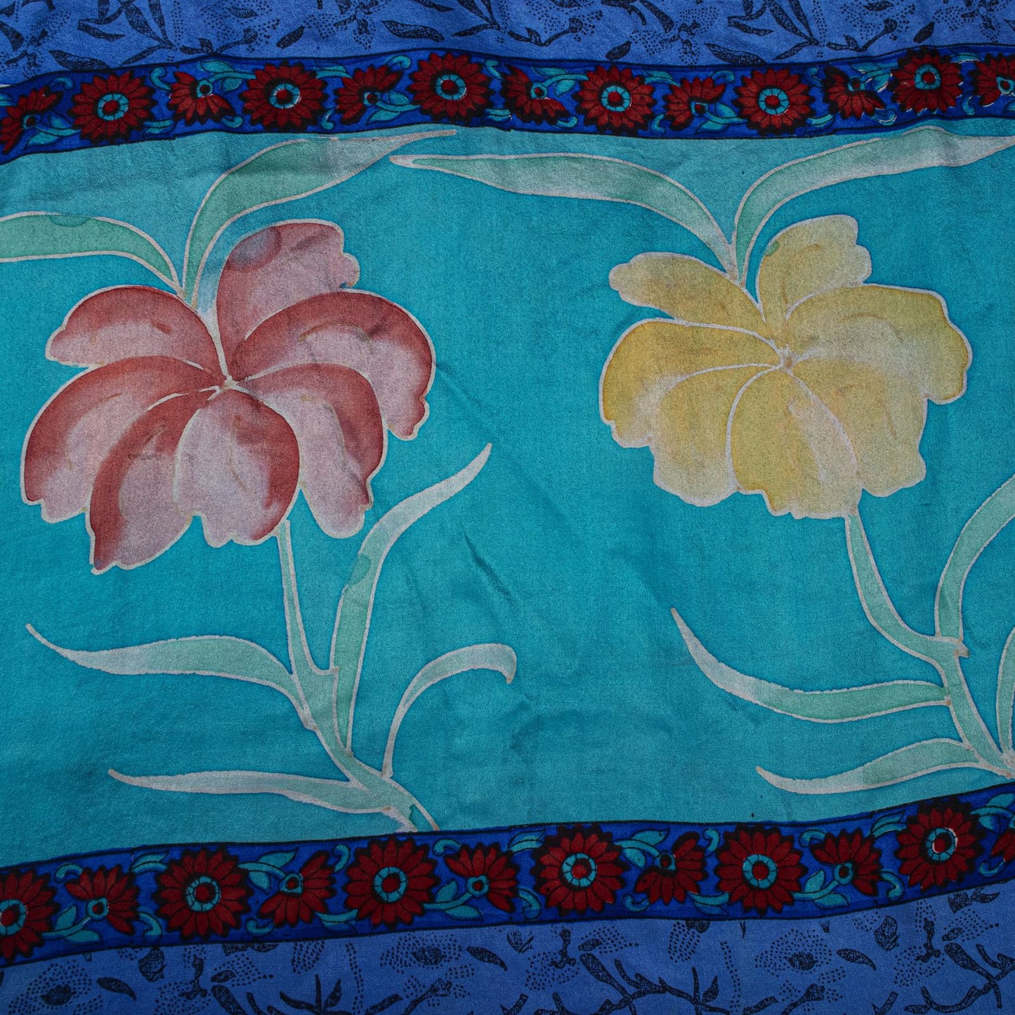Sanskriti Vintage Saree Blue-Brown Pure Crepe Floral Print Sari 5.5+Yard Fabric