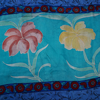 Sanskriti Vintage Saree Blue-Brown Pure Crepe Floral Print Sari 5.5+Yard Fabric