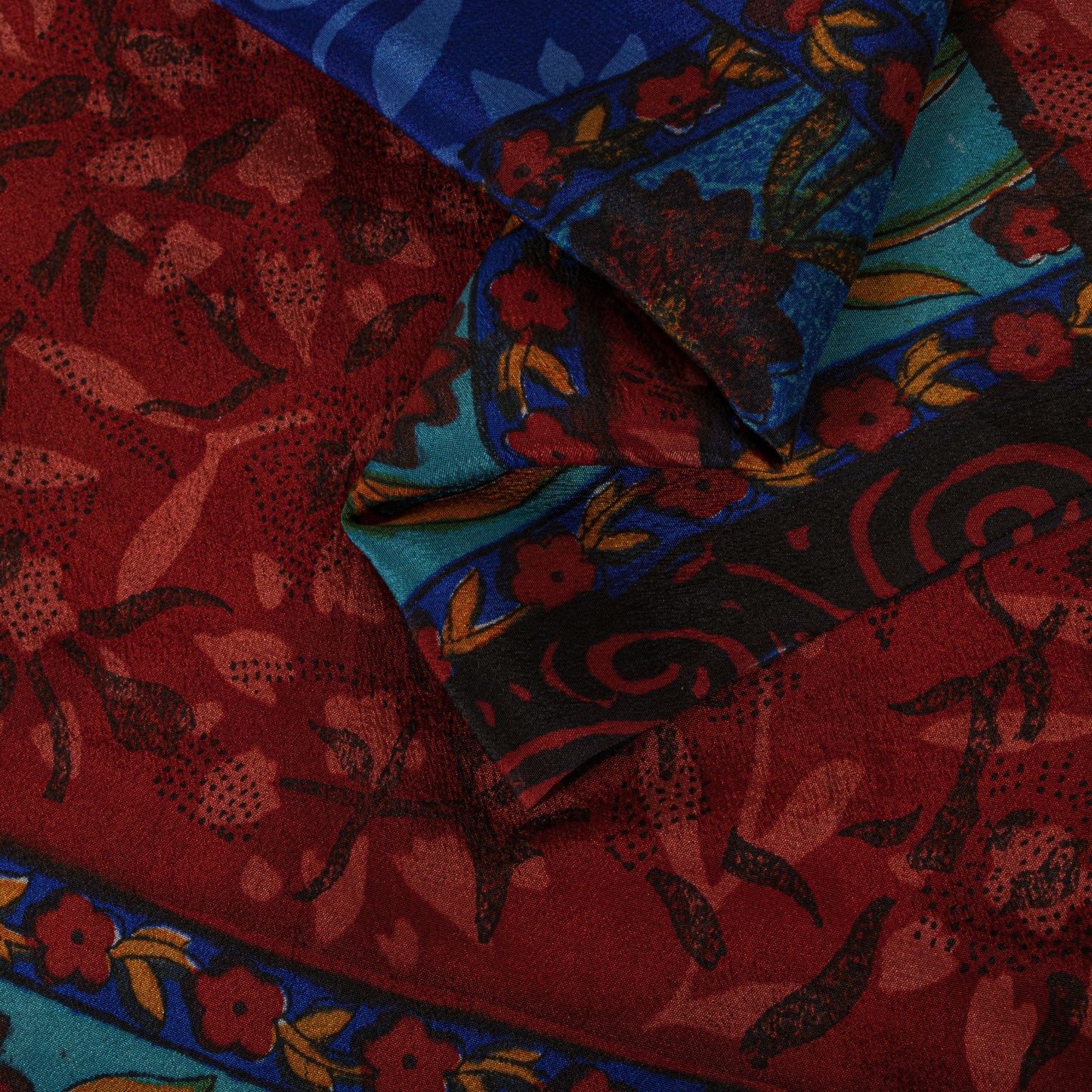 Sanskriti Vintage Saree Blue-Brown Pure Crepe Floral Print Sari 5.5+Yard Fabric