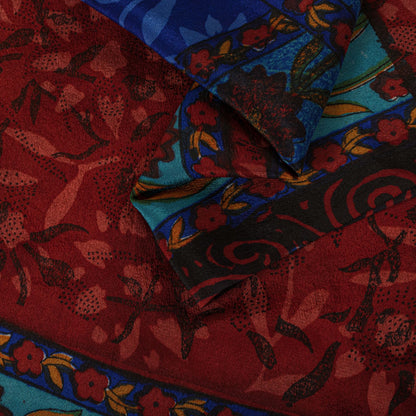 Sanskriti Vintage Saree Blue-Brown Pure Crepe Floral Print Sari 5.5+Yard Fabric