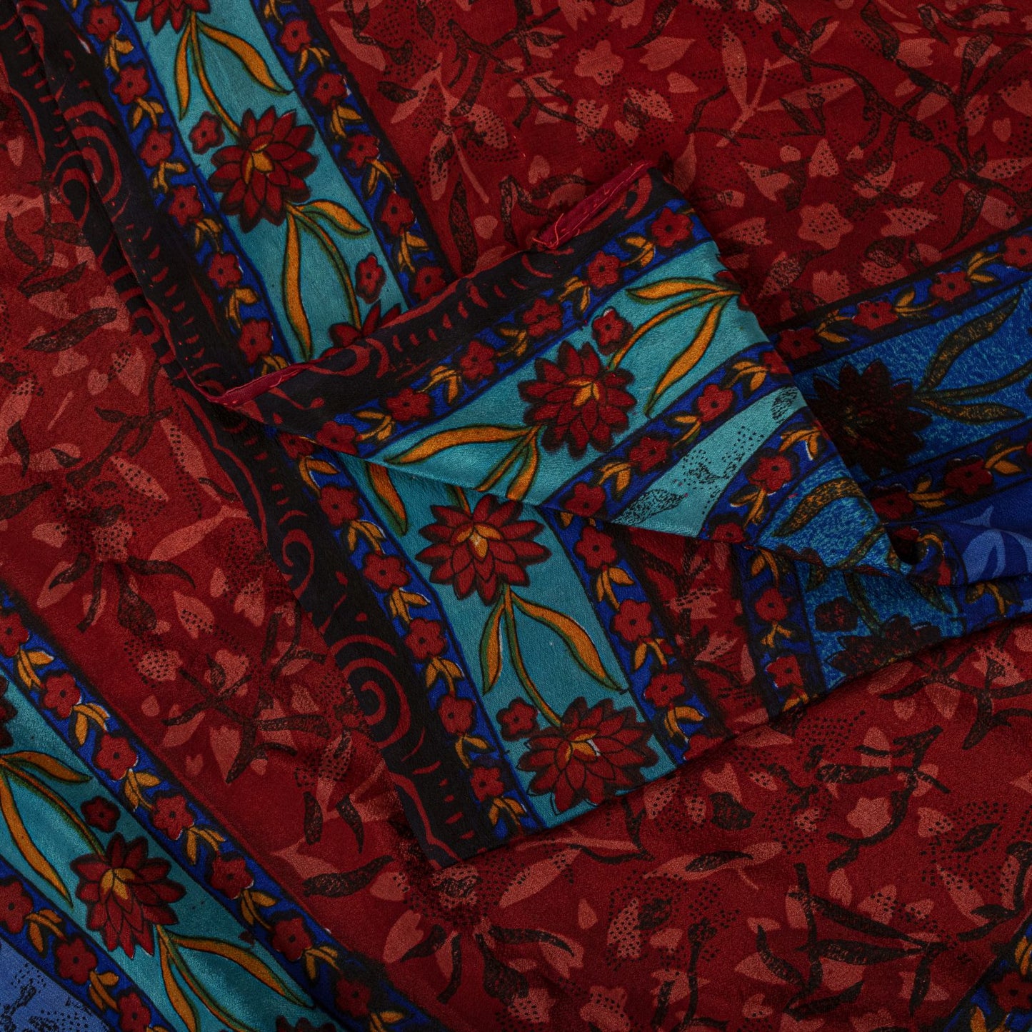 Sanskriti Vintage Saree Blue-Brown Pure Crepe Floral Print Sari 5.5+Yard Fabric