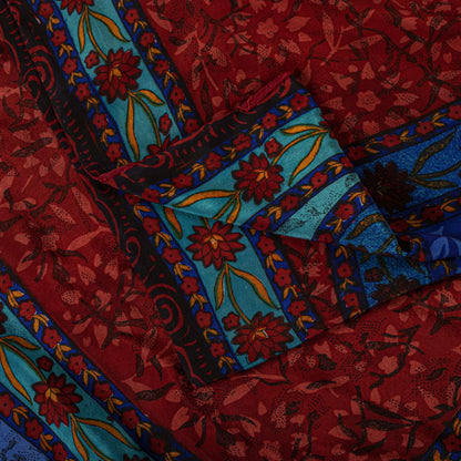 Sanskriti Vintage Saree Blue-Brown Pure Crepe Floral Print Sari 5.5+Yard Fabric