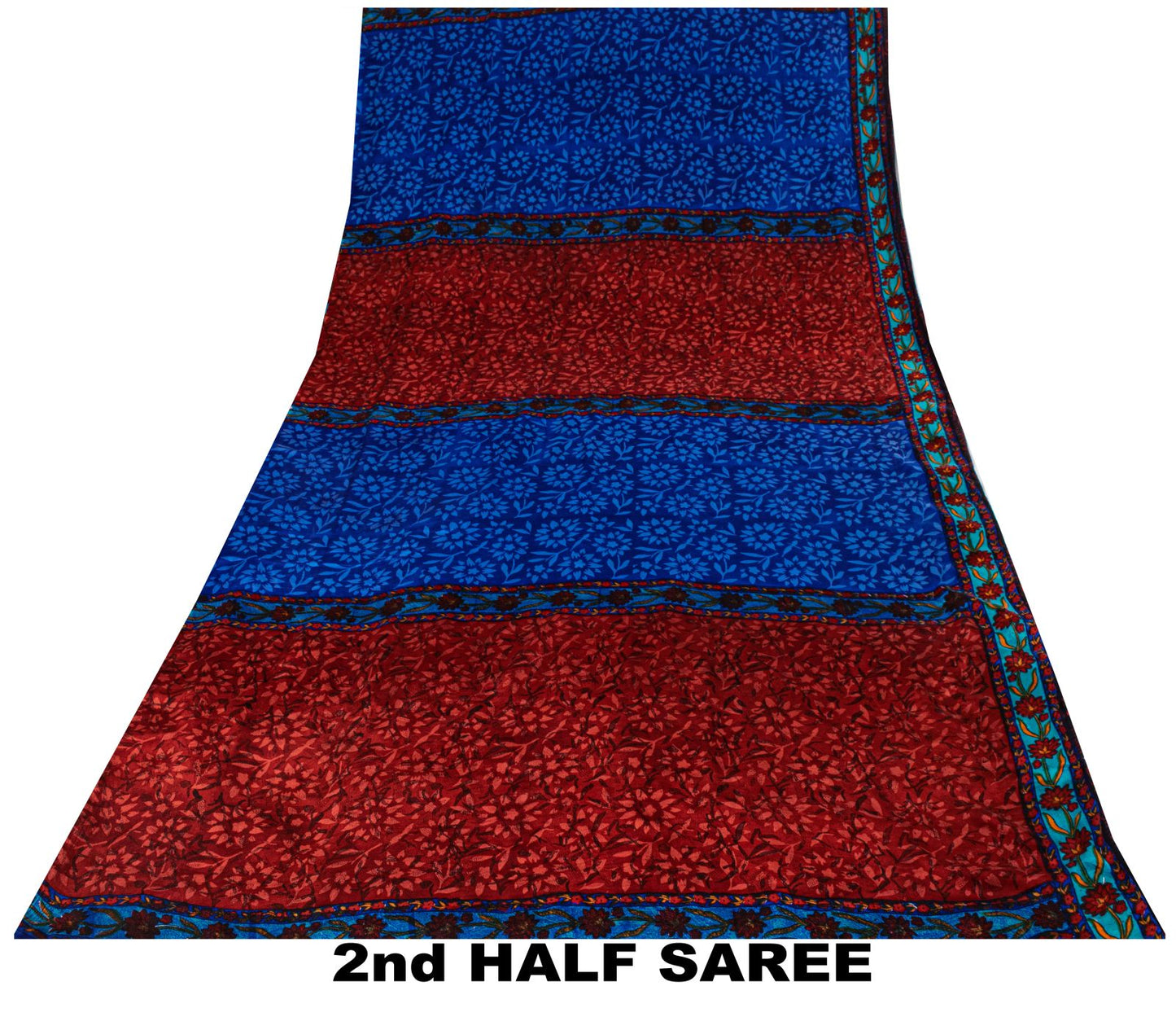 Sanskriti Vintage Saree Blue-Brown Pure Crepe Floral Print Sari 5.5+Yard Fabric
