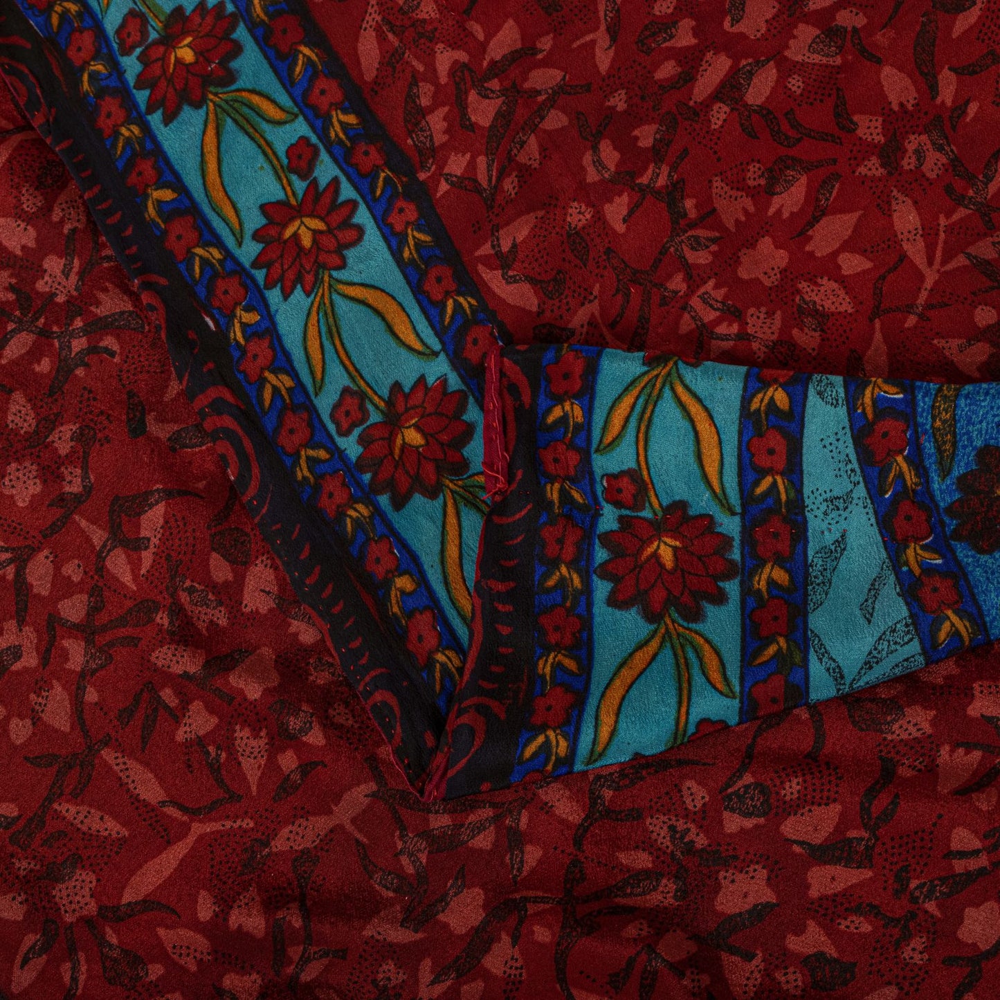 Sanskriti Vintage Saree Blue-Brown Pure Crepe Floral Print Sari 5.5+Yard Fabric