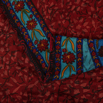 Sanskriti Vintage Saree Blue-Brown Pure Crepe Floral Print Sari 5.5+Yard Fabric
