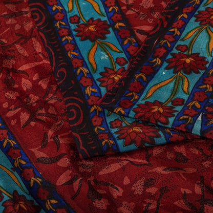Sanskriti Vintage Saree Blue-Brown Pure Crepe Floral Print Sari 5.5+Yard Fabric