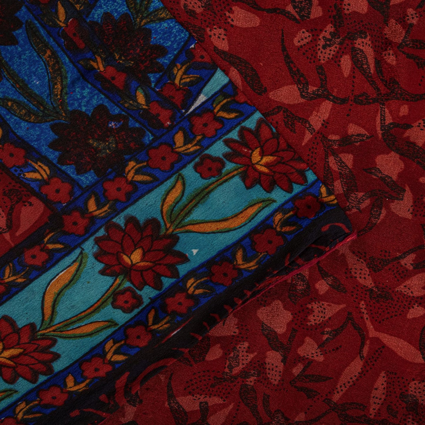 Sanskriti Vintage Saree Blue-Brown Pure Crepe Floral Print Sari 5.5+Yard Fabric