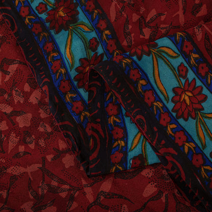 Sanskriti Vintage Saree Blue-Brown Pure Crepe Floral Print Sari 5.5+Yard Fabric