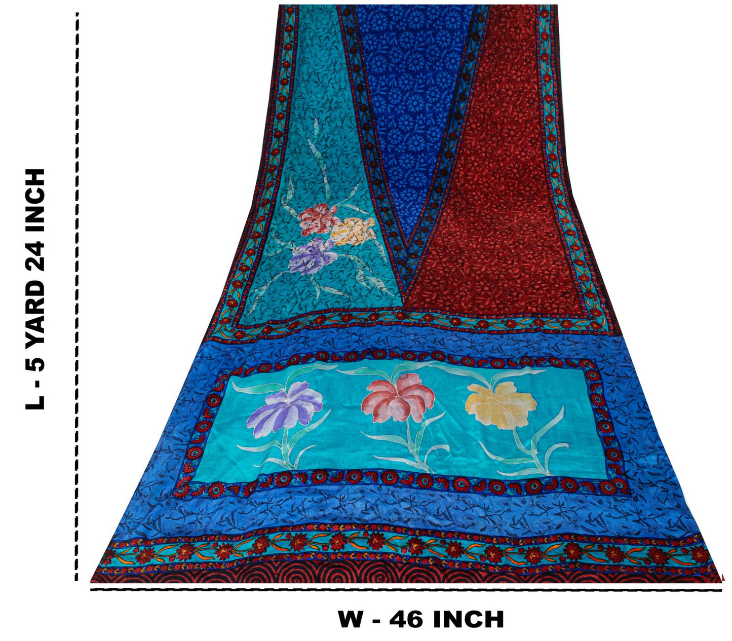 Sanskriti Vintage Saree Blue-Brown Pure Crepe Floral Print Sari 5.5+Yard Fabric