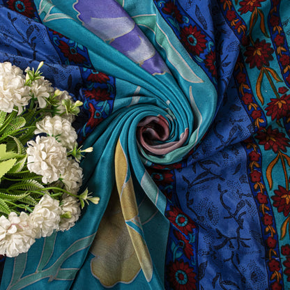 Sanskriti Vintage Saree Blue-Brown Pure Crepe Floral Print Sari 5.5+Yard Fabric