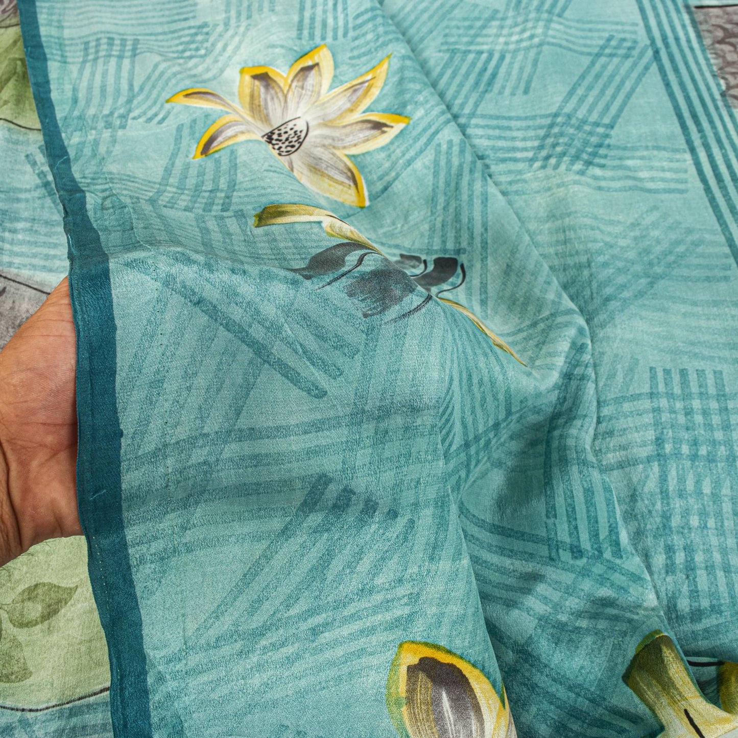 Sanskriti Vintage Saree Blue 100% Pure Crepe Floral Print Sari 5.5+Yard Fabric