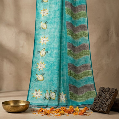 Sanskriti Vintage Saree Blue 100% Pure Crepe Floral Print Sari 5.5+Yard Fabric