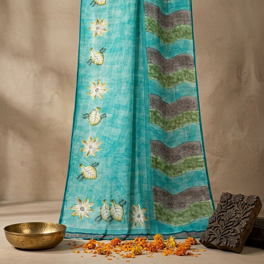 Sanskriti Vintage Saree Blue 100% Pure Crepe Floral Print Sari 5.5+Yard Fabric