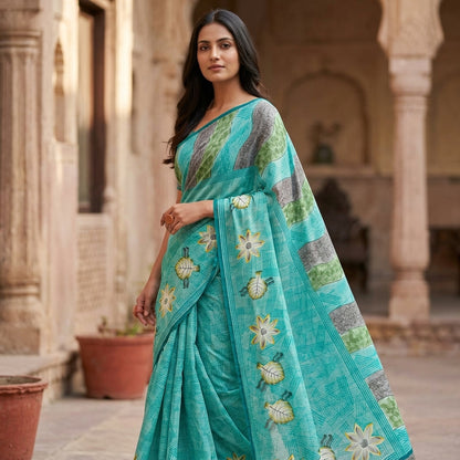 Sanskriti Vintage Saree Blue 100% Pure Crepe Floral Print Sari 5.5+Yard Fabric