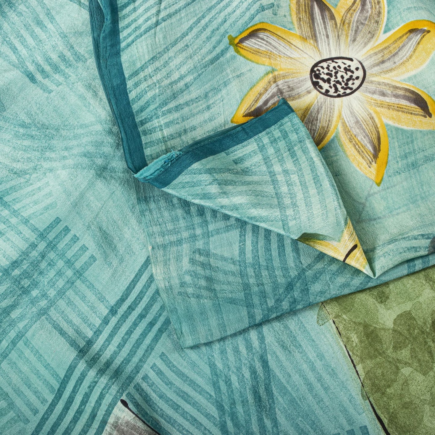 Sanskriti Vintage Saree Blue 100% Pure Crepe Floral Print Sari 5.5+Yard Fabric