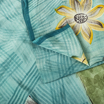 Sanskriti Vintage Saree Blue 100% Pure Crepe Floral Print Sari 5.5+Yard Fabric