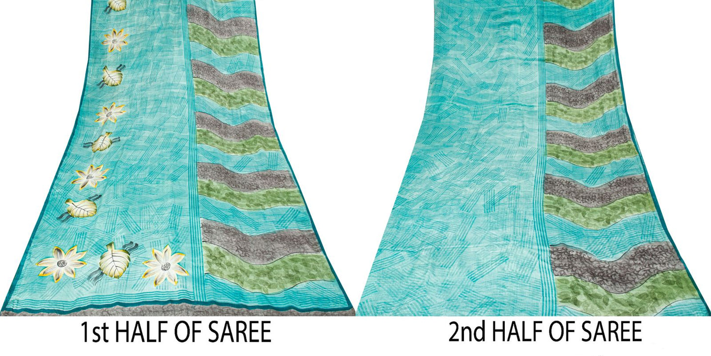 Sanskriti Vintage Saree Blue 100% Pure Crepe Floral Print Sari 5.5+Yard Fabric