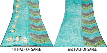 Sanskriti Vintage Saree Blue 100% Pure Crepe Floral Print Sari 5.5+Yard Fabric