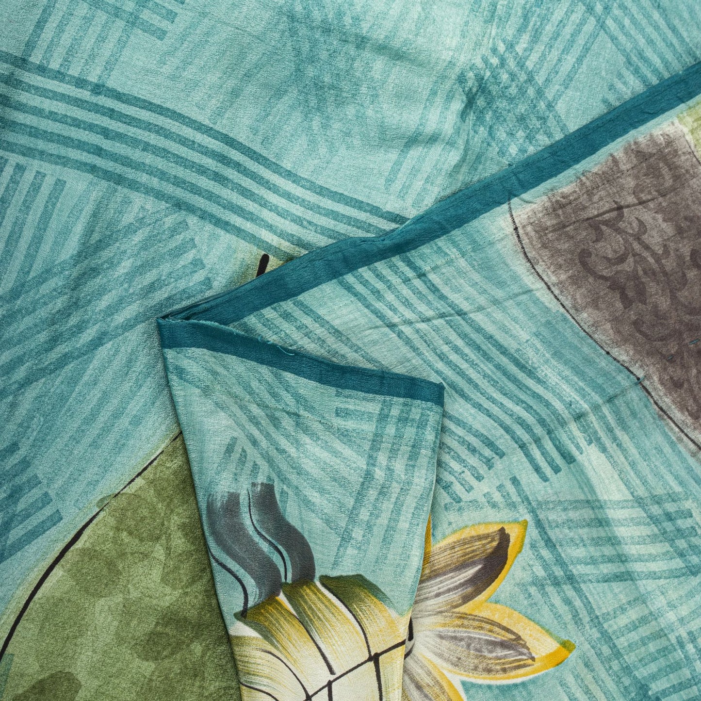 Sanskriti Vintage Saree Blue 100% Pure Crepe Floral Print Sari 5.5+Yard Fabric