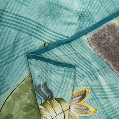 Sanskriti Vintage Saree Blue 100% Pure Crepe Floral Print Sari 5.5+Yard Fabric