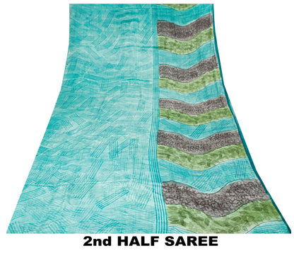 Sanskriti Vintage Saree Blue 100% Pure Crepe Floral Print Sari 5.5+Yard Fabric