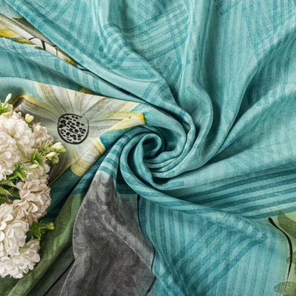 Sanskriti Vintage Saree Blue 100% Pure Crepe Floral Print Sari 5.5+Yard Fabric