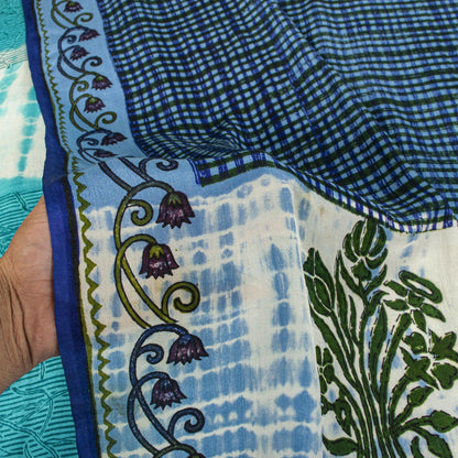 Sanskriti Vintage Saree Blue Pure Crepe Dye-Floral Printed Sari 5.5+Yard Fabric