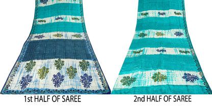 Sanskriti Vintage Saree Blue Pure Crepe Dye-Floral Printed Sari 5.5+Yard Fabric
