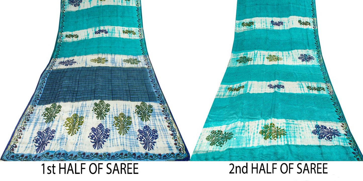 Sanskriti Vintage Saree Blue Pure Crepe Dye-Floral Printed Sari 5.5+Yard Fabric