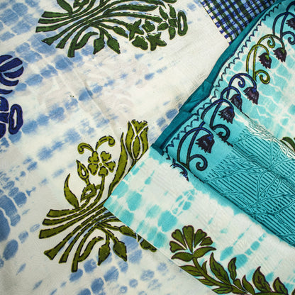 Sanskriti Vintage Saree Blue Pure Crepe Dye-Floral Printed Sari 5.5+Yard Fabric