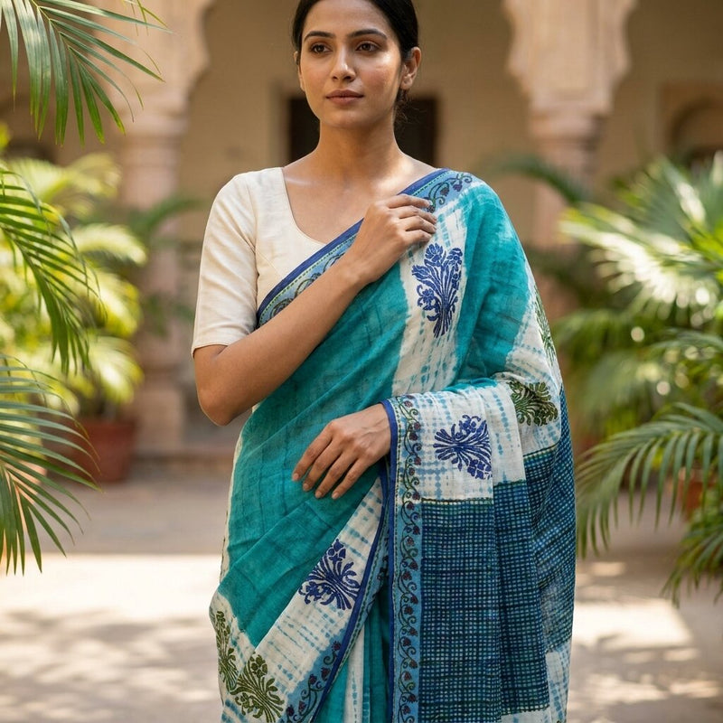 Sanskriti Vintage Saree Blue Pure Crepe Dye-Floral Printed Sari 5.5+Yard Fabric