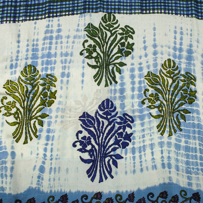 Sanskriti Vintage Saree Blue Pure Crepe Dye-Floral Printed Sari 5.5+Yard Fabric