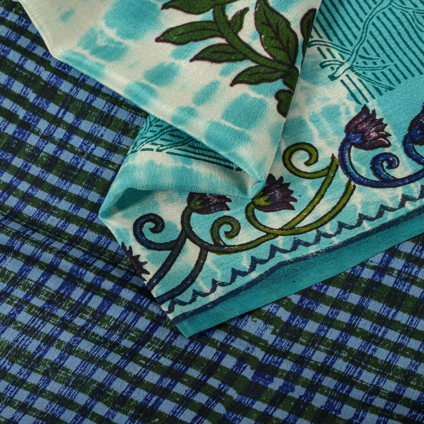 Sanskriti Vintage Saree Blue Pure Crepe Dye-Floral Printed Sari 5.5+Yard Fabric