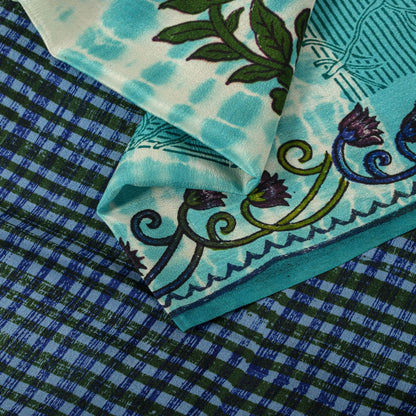 Sanskriti Vintage Saree Blue Pure Crepe Dye-Floral Printed Sari 5.5+Yard Fabric