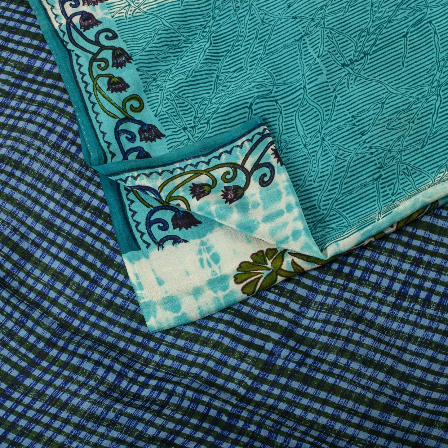 Sanskriti Vintage Saree Blue Pure Crepe Dye-Floral Printed Sari 5.5+Yard Fabric
