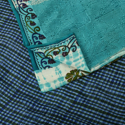 Sanskriti Vintage Saree Blue Pure Crepe Dye-Floral Printed Sari 5.5+Yard Fabric