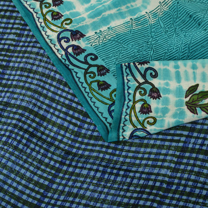Sanskriti Vintage Saree Blue Pure Crepe Dye-Floral Printed Sari 5.5+Yard Fabric