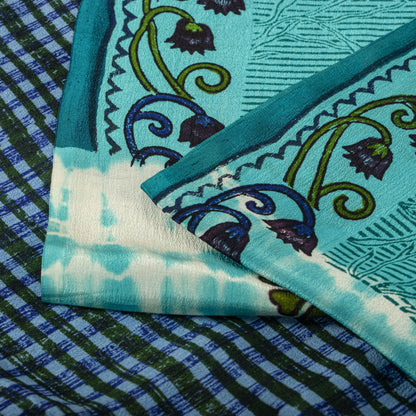 Sanskriti Vintage Saree Blue Pure Crepe Dye-Floral Printed Sari 5.5+Yard Fabric