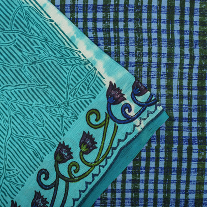 Sanskriti Vintage Saree Blue Pure Crepe Dye-Floral Printed Sari 5.5+Yard Fabric