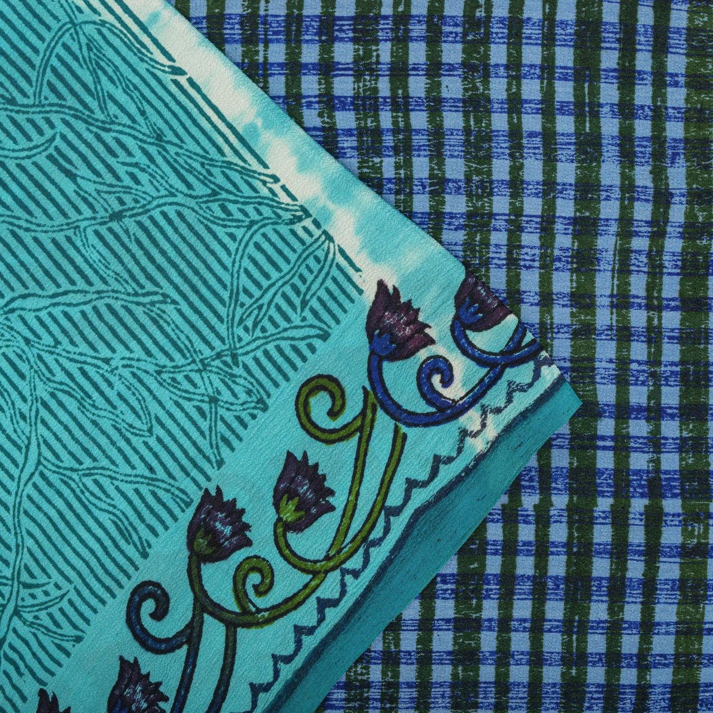 Sanskriti Vintage Saree Blue Pure Crepe Dye-Floral Printed Sari 5.5+Yard Fabric
