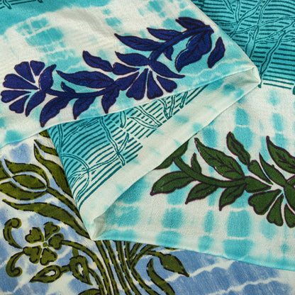 Sanskriti Vintage Saree Blue Pure Crepe Dye-Floral Printed Sari 5.5+Yard Fabric