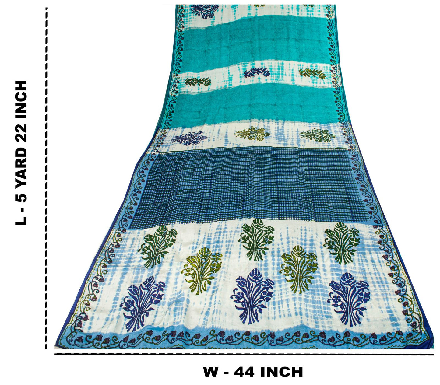 Sanskriti Vintage Saree Blue Pure Crepe Dye-Floral Printed Sari 5.5+Yard Fabric