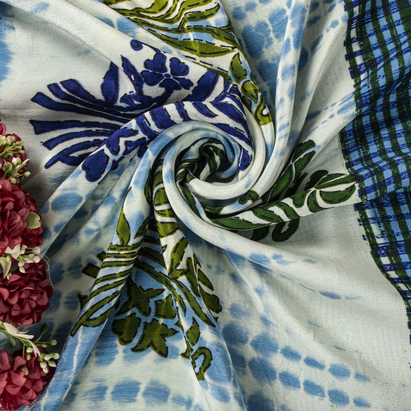 Sanskriti Vintage Saree Blue Pure Crepe Dye-Floral Printed Sari 5.5+Yard Fabric